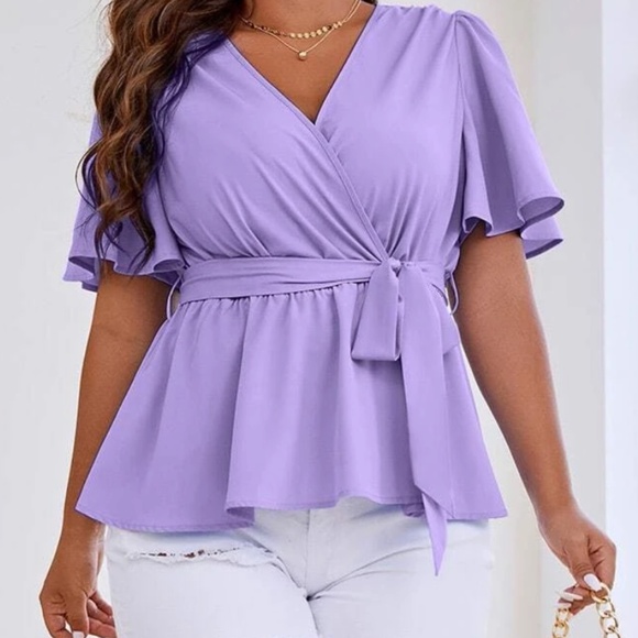 Tops - Plus Colorful Surplice Butterfly Sleeve Belted Blouse